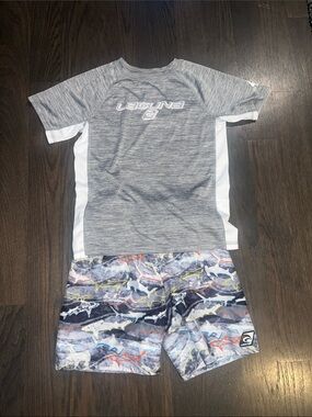 Laguna B Kids Gray & White Rashguard Set with Shark Print Shorts Size- 10-12